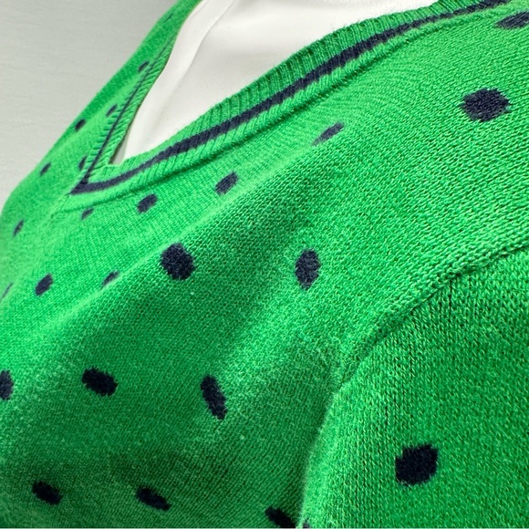 Liz Claiborne Green Sweater With Blue Polka Dots V Neck Cotton L - Picture 6 of 12